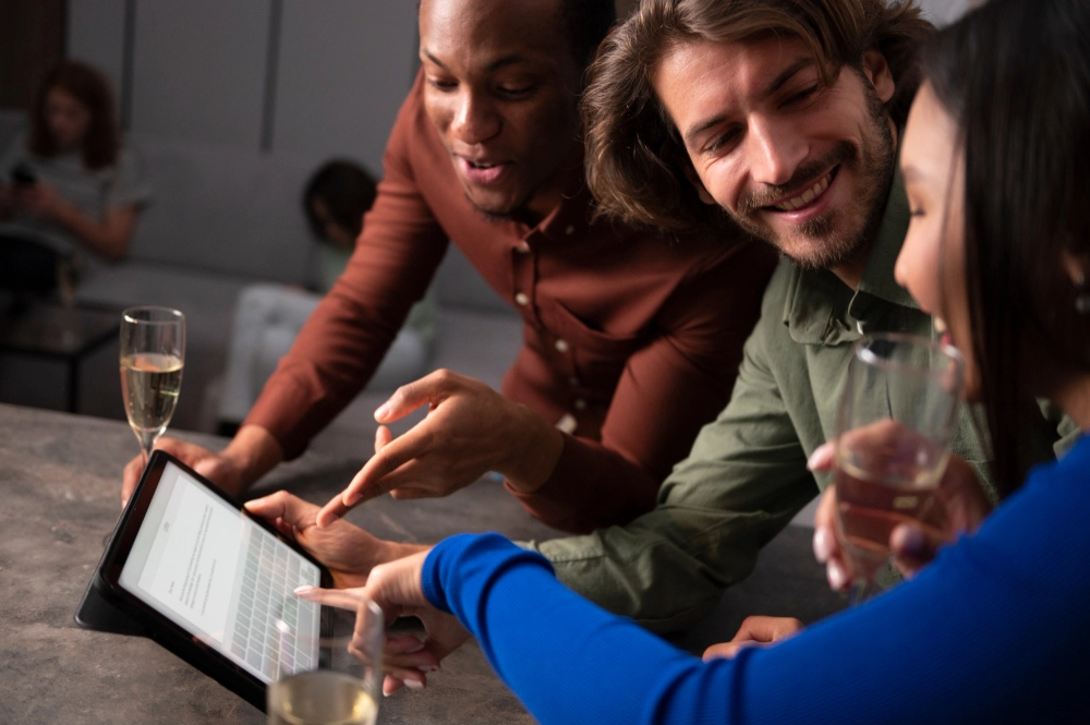 Três pessoas em um ambiente social, sorrindo e olhando para um tablet. Uma delas aponta para a tela enquanto as outras observam atentas. Todas seguram taças de bebida, transmitindo um clima descontraído de interação e colaboração.