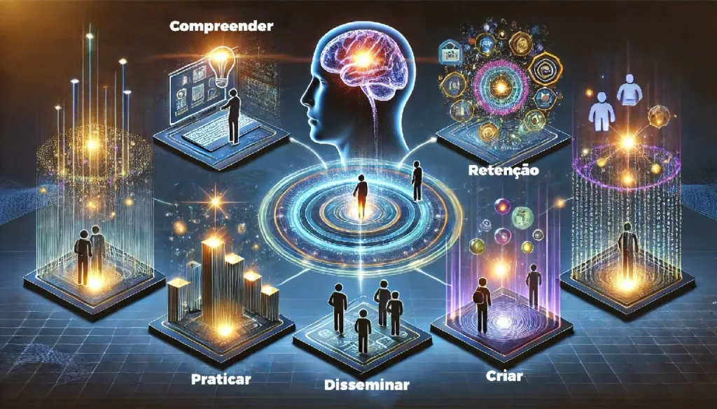 Uma ilustração com as 5 etapas do processo de aprendizagem:

1 - Compreender
2 - Retenção
3 - Praticar
4 - Disseminar
5 - Criar