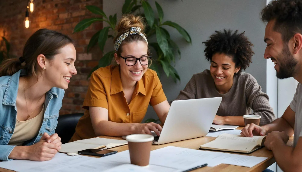 Quatro jovens profissionais estão reunidos em uma mesa de trabalho, sorrindo e interagindo enquanto colaboram em um projeto. Uma mulher de óculos e camisa mostarda digita em um notebook, enquanto os outros observam e participam da conversa. O ambiente é moderno e aconchegante, com uma parede de tijolos aparentes, plantas e iluminação suave. Há cadernos, papéis e copos de café sobre a mesa, sugerindo um momento de brainstorming ou estudo em equipe.
