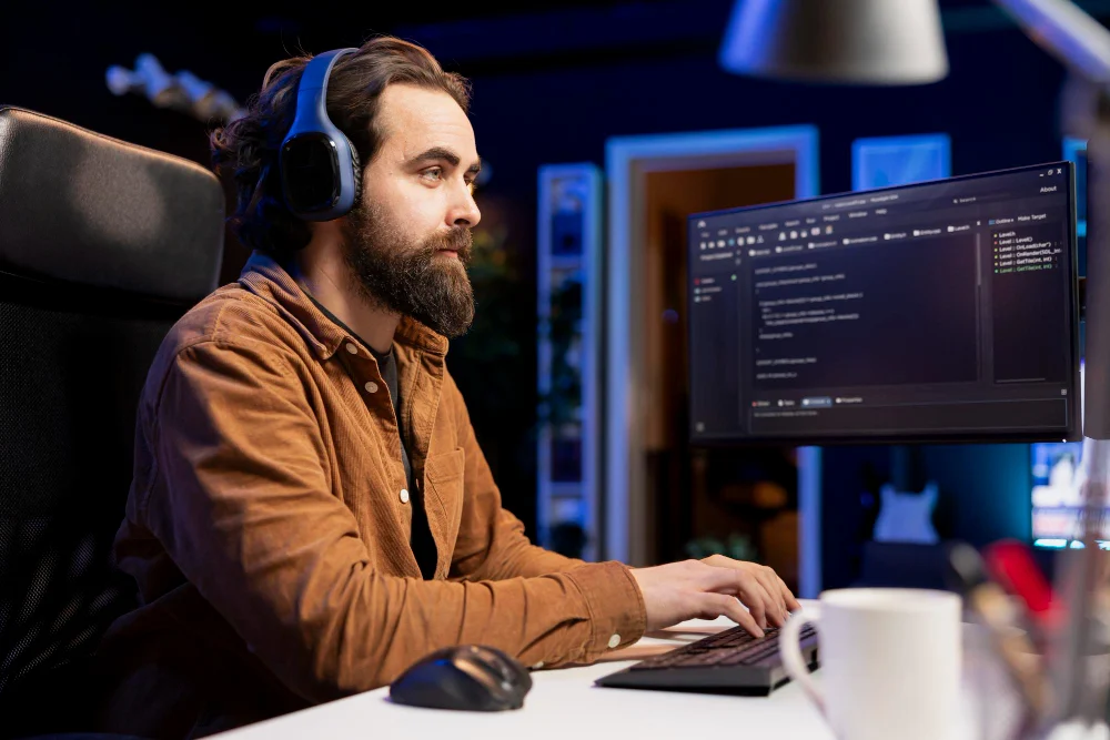 Homem barbudo usando fones de ouvido grandes enquanto digita no teclado e olha atentamente para um monitor com código de programação. Ele veste uma camisa marrom e está sentado em uma cadeira de escritório preta. O ambiente tem iluminação moderna e tons azulados ao fundo, sugerindo um espaço tecnológico ou de desenvolvimento de software.