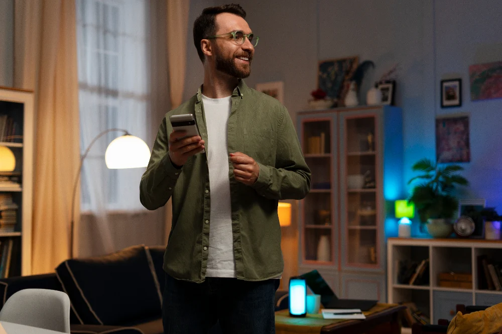 Um homem de óculos, barba e camisa verde segura um celular e sorri enquanto olha para o lado em um ambiente aconchegante. O cenário tem iluminação quente e colorida, com luminárias, prateleiras com livros e objetos decorativos, criando uma atmosfera confortável e moderna.